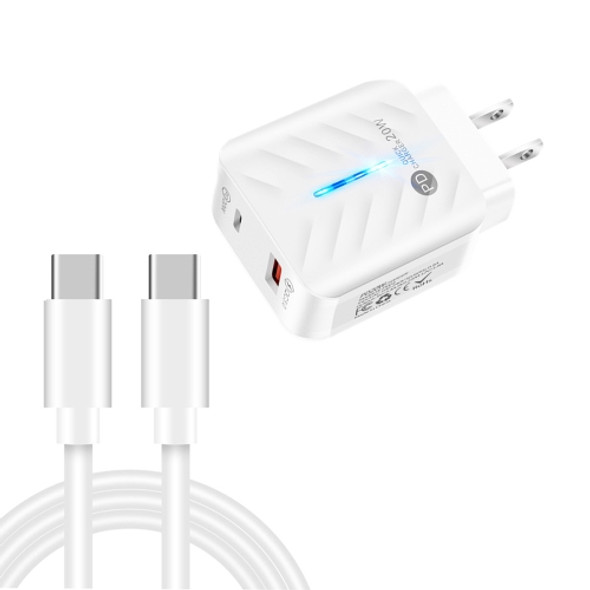 PD03 20W PD3.0 + QC3.0 USB Charger with Type-C to Type-C Data Cable, US Plug(White)