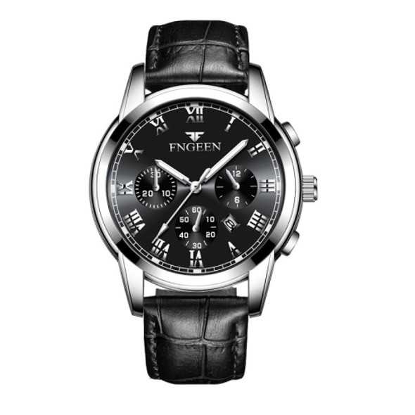 FNGEEN 4006 Men Automatic Mechanical Watch Waterproof Quartz Watch(Black Leather White Steel Black Surface)