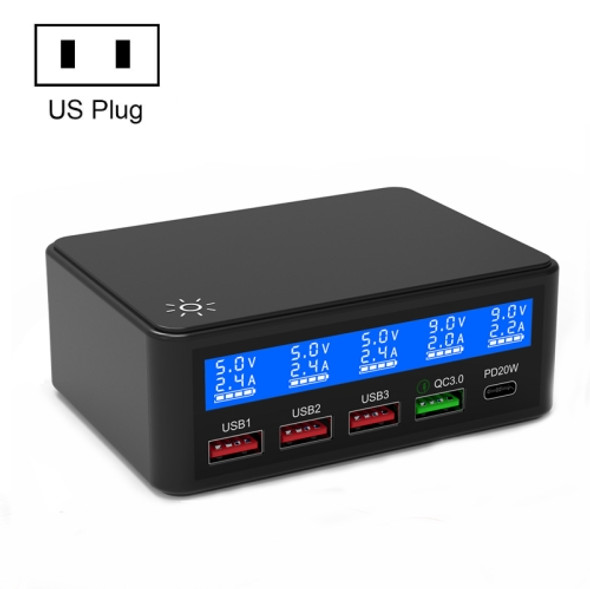 618 QC3.0 + PD20W + 3 x USB Ports Charger with Smart LCD Display, US Plug  (Black)