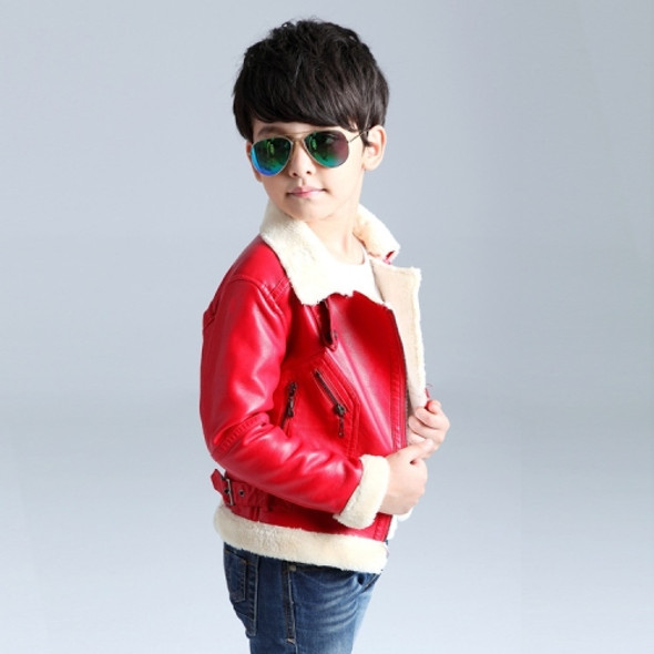 Solid Color Lapel Leather Jacket, Style: Plus Velvet (Color:Red Size:160)