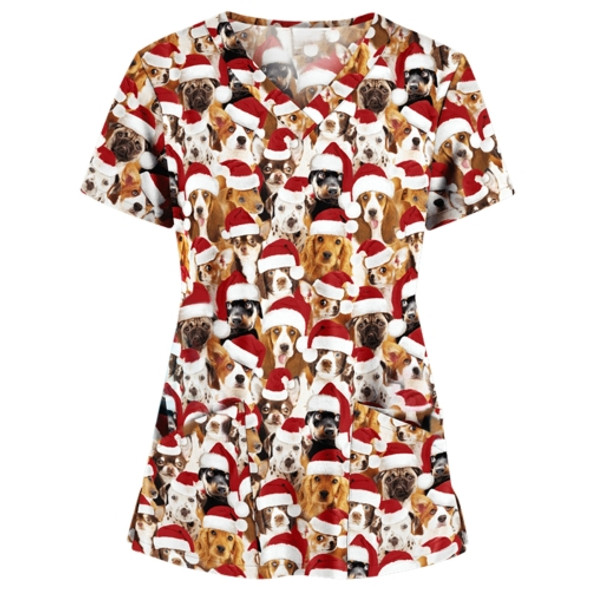 Christmas Print Short-sleeved Pocket T-shirt Nurse Uniform (Color:7 Size:S)