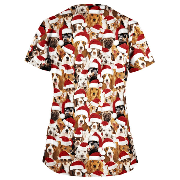Christmas Print Short-sleeved Pocket T-shirt Nurse Uniform (Color:7 Size:XXL)