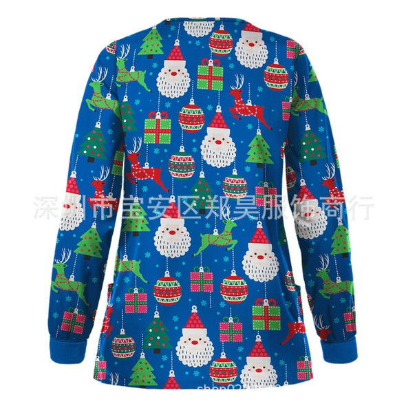 Christmas Long-sleeved Stand-up Collar Single-breasted Printed Protective Work Clothes (Color:Blue Snowman Size:XXXL)