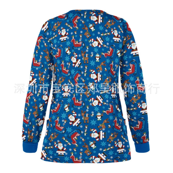 Christmas Long-sleeved Stand-up Collar Single-breasted Printed Protective Work Clothes (Color:Dark Blue Size:L)