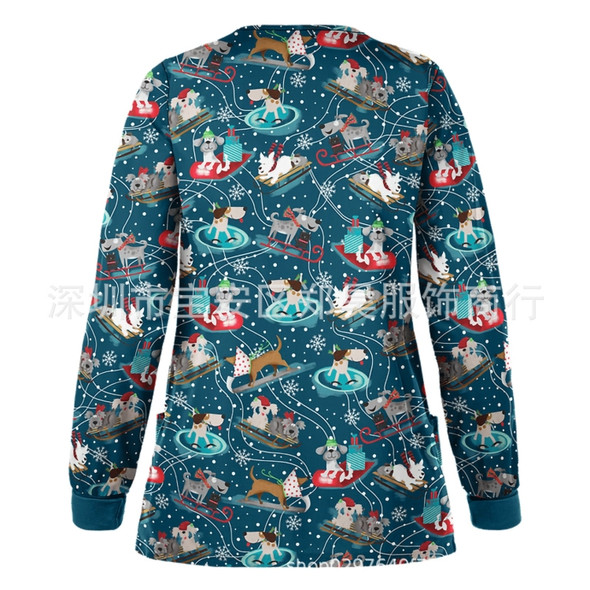 Christmas Long-sleeved Stand-up Collar Single-breasted Printed Protective Work Clothes (Color:Color Size:XXL)