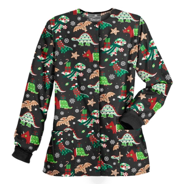 Christmas Long-sleeved Stand-up Collar Single-breasted Printed Protective Work Clothes (Color:Black Dinosaur Size:M)