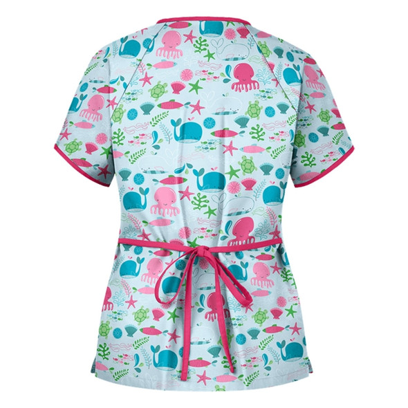 Printed V-neck Mid-length Nurse Uniform T-shirt (Color:Beige Size:M)