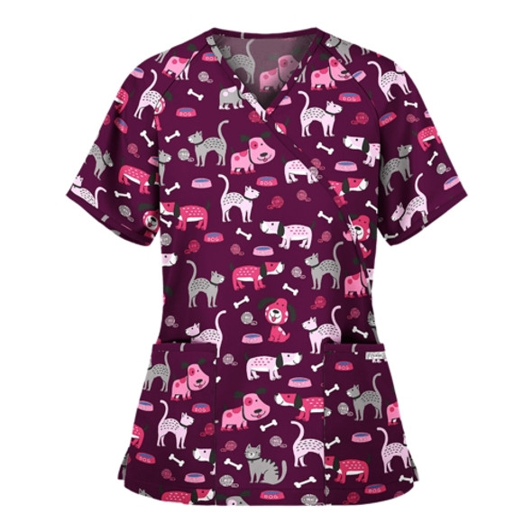 Printed V-neck Mid-length Nurse Uniform T-shirt (Color:Purple Size:XXL)
