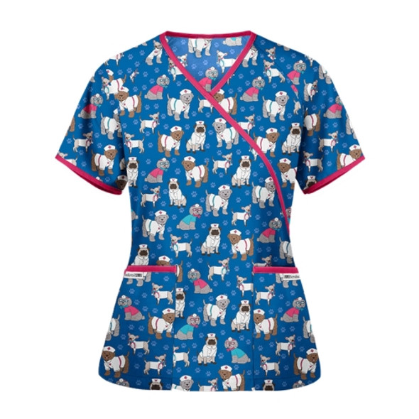 Printed V-neck Mid-length Nurse Uniform T-shirt (Color:Dark Blue Size:XL)