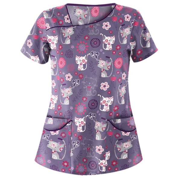 Printed Round Neck Slim-fit Nurse Uniform T-shirt (Color:Purple Size:M)