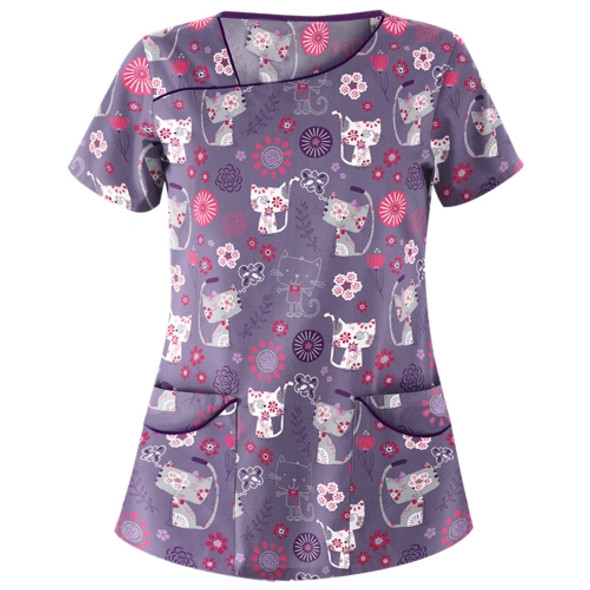 Printed Round Neck Slim-fit Nurse Uniform T-shirt (Color:Purple Size:L)