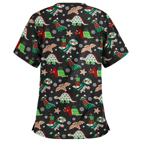 Christmas Print Short-sleeved Pocket T-shirt Nurse Uniform (Color:3 Size:L)