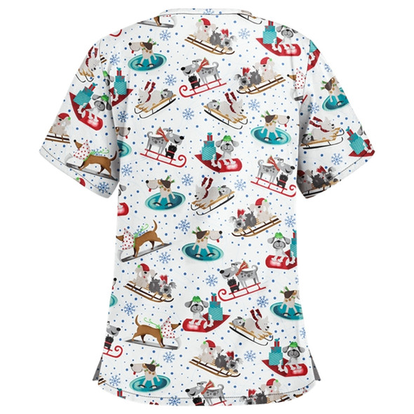 Christmas Print Short-sleeved Pocket T-shirt Nurse Uniform (Color:2 Size:XXXL)