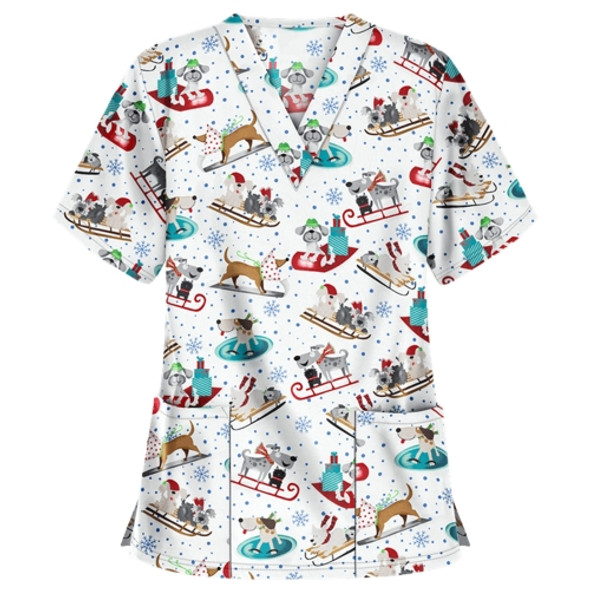 Christmas Print Short-sleeved Pocket T-shirt Nurse Uniform (Color:2 Size:XXL)