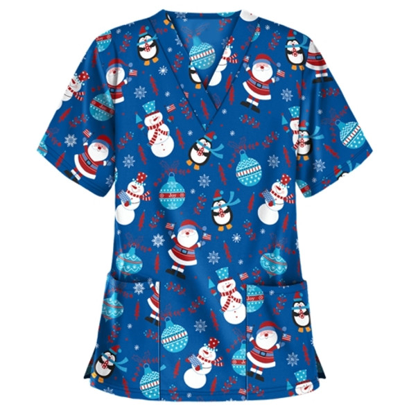 Christmas Print Short-sleeved Pocket T-shirt Nurse Uniform (Color:1 Size:XXL)