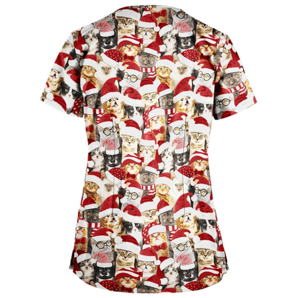 Christmas Print Short-sleeved Pocket T-shirt Nurse Uniform (Color:4 Size:XL)