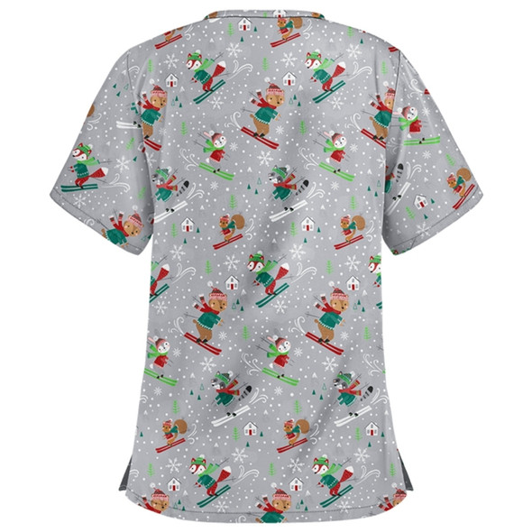 Christmas Print Short-sleeved Pocket T-shirt Nurse Uniform (Color:5 Size:XL)