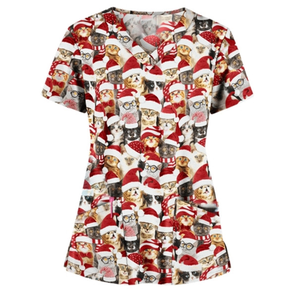 Christmas Print Short-sleeved Pocket T-shirt Nurse Uniform (Color:4 Size:M)