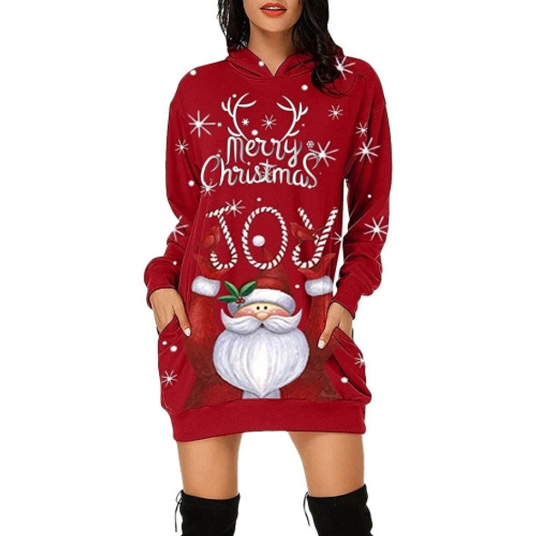 Women Christmas Santa Claus Print Long Sleeve Sweatshirt Dress (Color:Red Size:S)