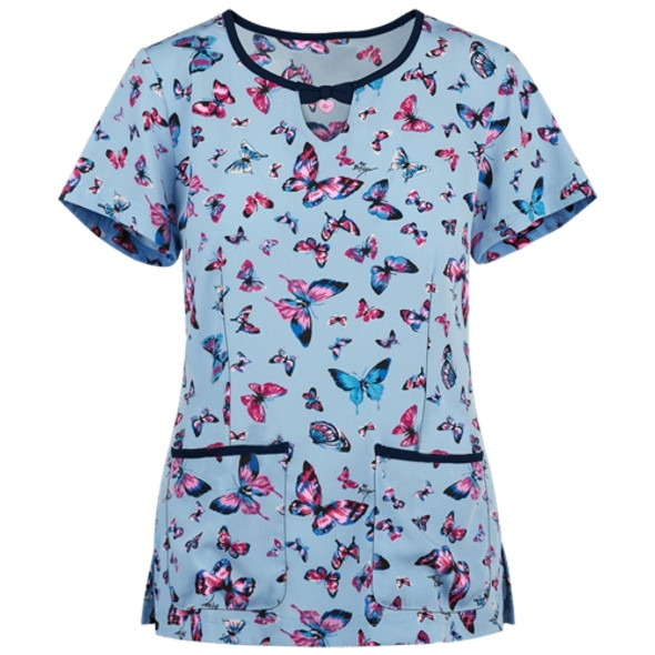 Printed Round Neck Slim-fit Nurse Uniform T-shirt (Color:Light Blue Size:S)