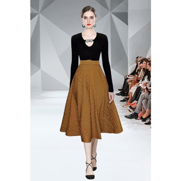 Autumn Winter Long-sleeved Hollow Chain Knit Top + Large Swing Skirt Suit (Color:Dark Brown Size:L)