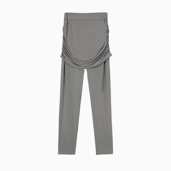 Women Wrapped Hip Side Pleated Skirt Fake Two-piece Leggings (Color:Grey Size:S)