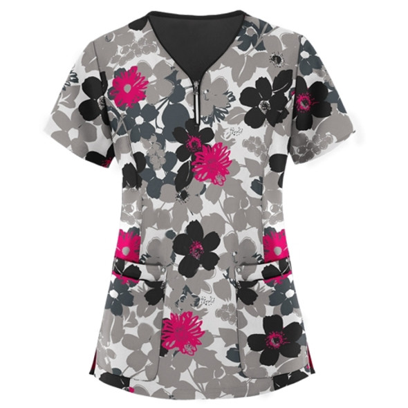 Mid-length Slim-fitting Printed Pullover Nurse Uniform V-neck T-shirt (Color:Gray Size:XXL)