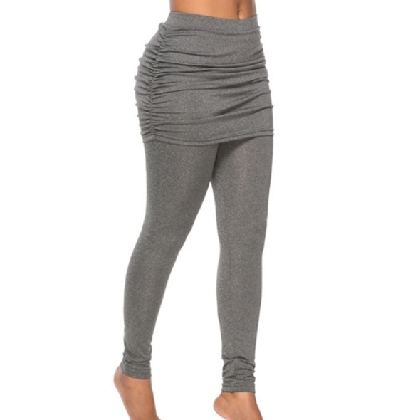 Women Wrapped Hip Side Pleated Skirt Fake Two-piece Leggings (Color:Grey Size:XL)