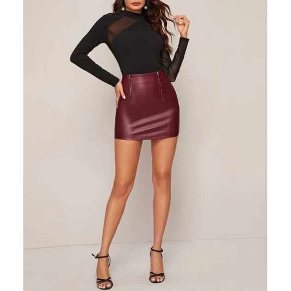 Skinny Sexy Zipper PU Leather Half Skirt (Color:Maroon Red Size:S)