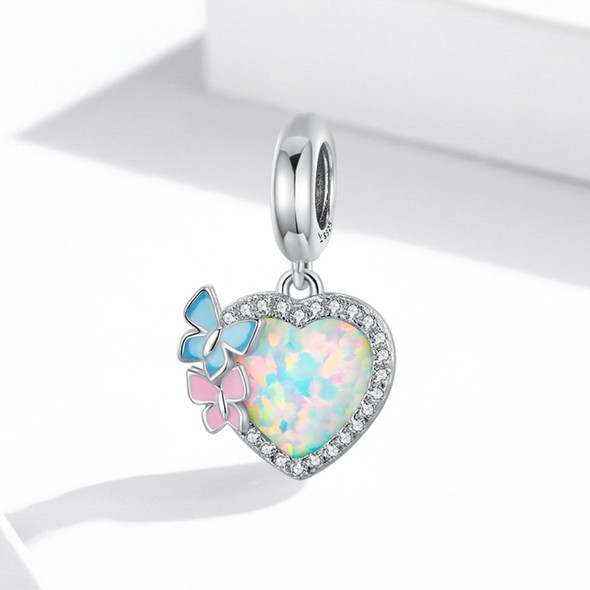 S925 Sterling Silver Butterfly Heart Colorful Opal Pendant DIY Bracelet Necklace Accessories