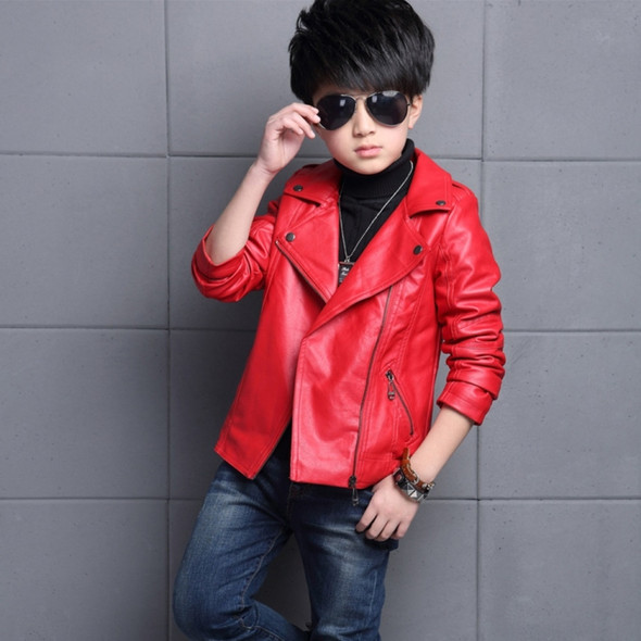 Solid Color Lapel Leather Jacket, Style: No Velvet (Color:Red Size:160)