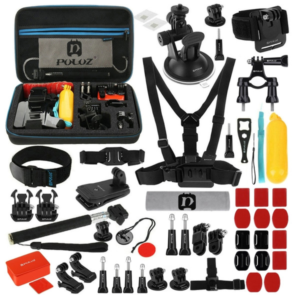 PULUZ 53 in 1 Accessories Total Ultimate Combo Kits with EVA Case (Chest Strap + Suction Cup Mount + 3-Way Pivot Arms + J-Hook Buckle + Wrist Strap + Helmet Strap + Extendable Monopod + Surface Mounts + Tripod Adapters + Storage Bag + Handlebar Mount