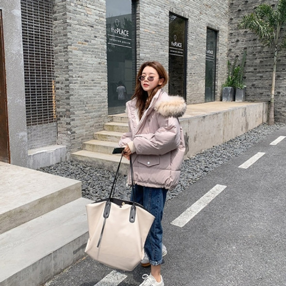 Women Loose Big Fur Collar Padded Down Jacket (Color:Off White Size:L)