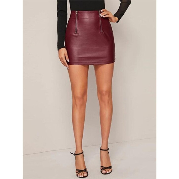 Skinny Sexy Zipper PU Leather Half Skirt (Color:Maroon Red Size:L)