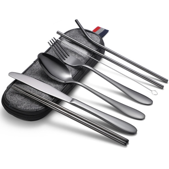 7 in 1 Cutlery Spoon Chopsticks And Straw Set Stainless Steel Portable Cutlery Set, Specification: Black + Deep Bag