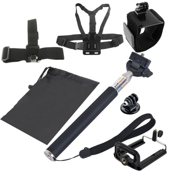 YKD-112 7 in 1 Chest Belt + Wrist Belt + Head Strap + Selfie Monopod + Tripod Mount + Carry Bag Set for GoPro HERO10 Black / HERO9 Black / HERO8 Black / HERO7 /6 /5 /5 Session /4 Session /4 /3+ /3 /2 /1, DJI Osmo Action and Other Action Cameras, Mobi