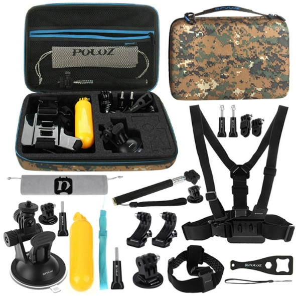 PULUZ 20 in 1 Accessories Combo Kit with Camouflage EVA Case (Chest Strap + Head Strap + Suction Cup Mount + 3-Way Pivot Arm + J-Hook Buckles + Extendable Monopod + Tripod Adapter + Bobber Hand Grip + Storage Bag + Wrench) for GoPro HERO10 Black /GoP