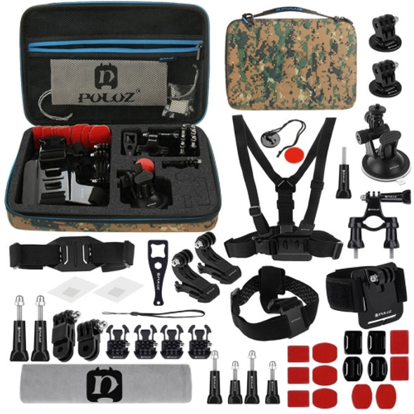 PULUZ 45 in 1 Accessories Ultimate Combo Kits with Camouflage EVA Case (Chest Strap + Suction Cup Mount + 3-Way Pivot Arms + J-Hook Buckle + Wrist Strap + Helmet Strap + Surface Mounts + Tripod Adapter + Storage Bag + Handlebar Mount + Wrench) for Go