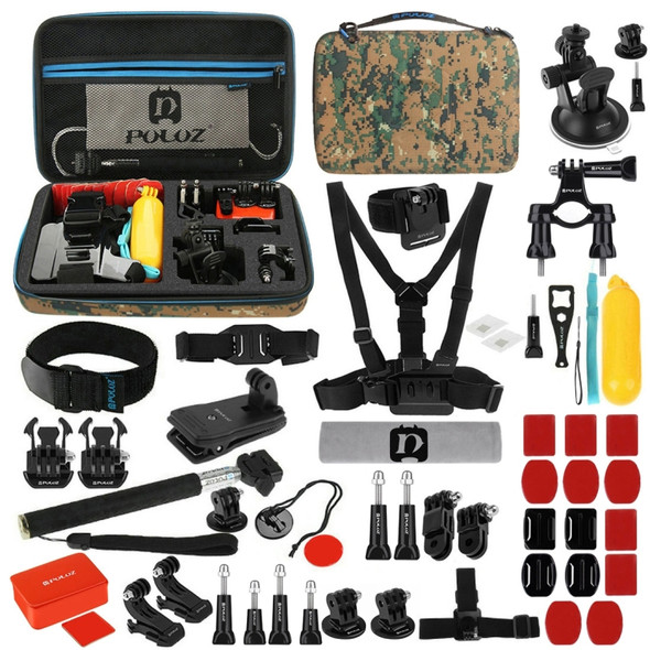 PULUZ 53 in 1 Accessories Total Ultimate Combo Kits with Camouflage EVA Case (Chest Strap + Suction Cup Mount + 3-Way Pivot Arms + J-Hook Buckle + Wrist Strap + Helmet Strap + Extendable Monopod + Surface Mounts + Tripod Adapters + Storage Bag + Hand