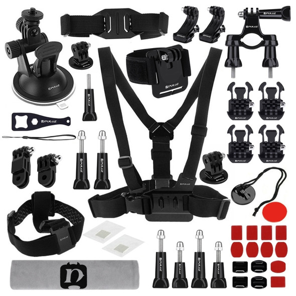 PULUZ 45 in 1 Accessories Ultimate Combo Kits (Chest Strap + Suction Cup Mount + 3-Way Pivot Arms + J-Hook Buckle + Wrist Strap + Helmet Strap + Surface Mounts + Tripod Adapter + Storage Bag + Handlebar Mount + Wrench) for GoPro HERO10 Black / HERO9