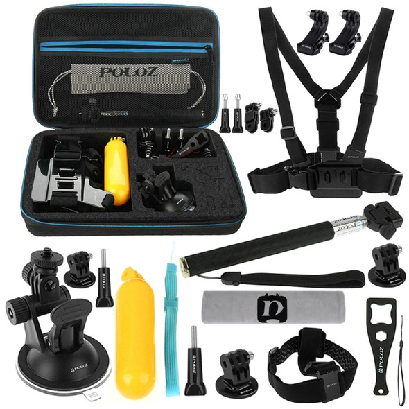 PULUZ 20 in 1 Accessories Combo Kits with EVA Case (Chest Strap + Head Strap + Suction Cup Mount + 3-Way Pivot Arm + J-Hook Buckles + Extendable Monopod + Tripod Adapter + Bobber Hand Grip + Storage Bag + Wrench) for GoPro HERO10 Black / HERO9 Black