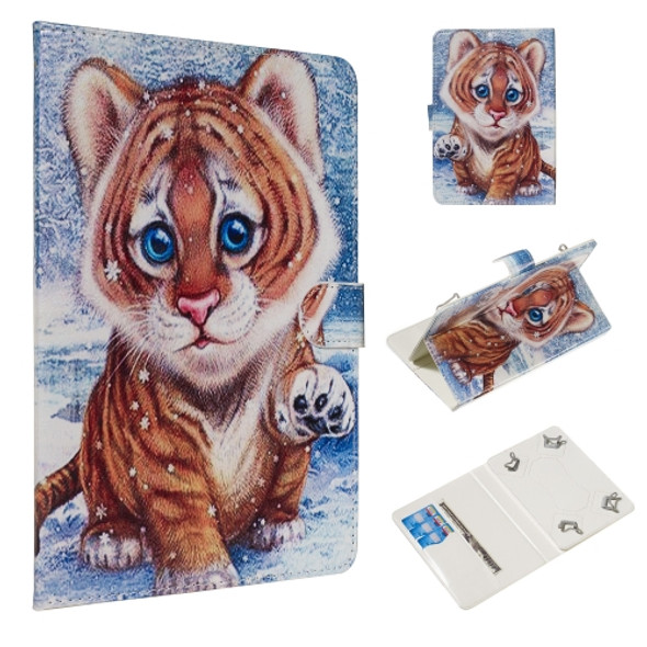 For 10 inch Universal Tablet PC Colored Drawing Pattern Horizontal Flip PU Leather Case with Holder & Card Slots(Tiger)