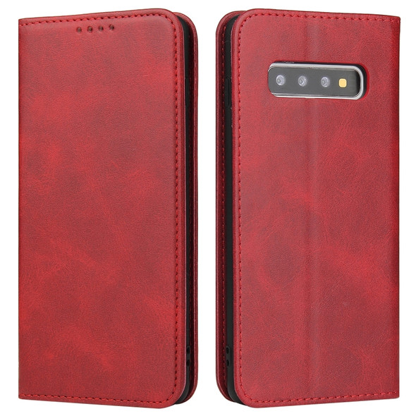 For Samsung Galaxy S10 Calf Texture Magnetic Horizontal Flip Leather Case with Holder & Card Slots & Wallet(Red)