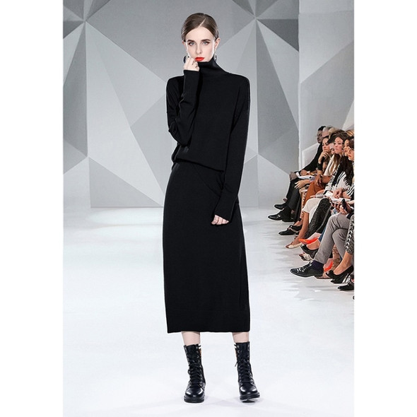 Autumn Winter Solid Color Long-sleeved Knitted Turtleneck Sweater + Skirt Suit (Color:Black Size:Free Size)