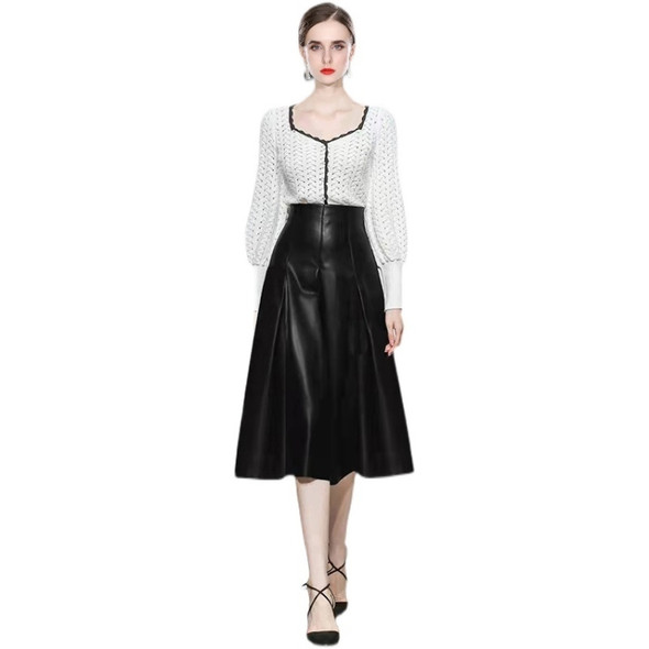 Autumn Winter Lantern Sleeve Knitted Sweater + High Waist Leather Skirt Suit (Color:Black White Size:L)