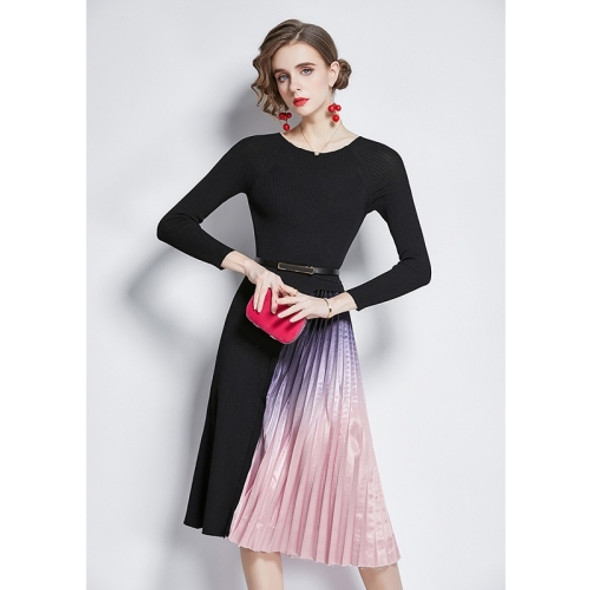 Mid-length Gradient Pleated Stitching Long-sleeved Knitted Dress (Color:Black Size:L)