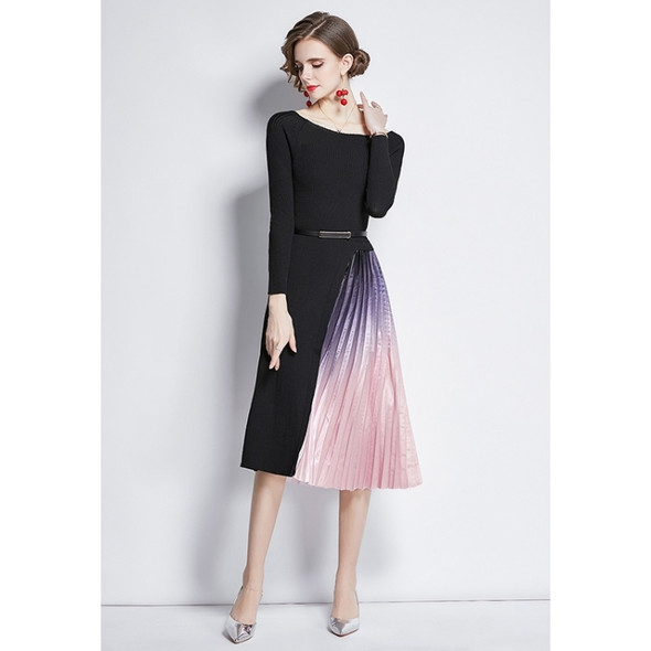 Mid-length Gradient Pleated Stitching Long-sleeved Knitted Dress (Color:Black Size:XXL)