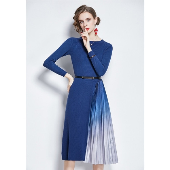 Mid-length Gradient Pleated Stitching Long-sleeved Knitted Dress (Color:Blue Size:L)