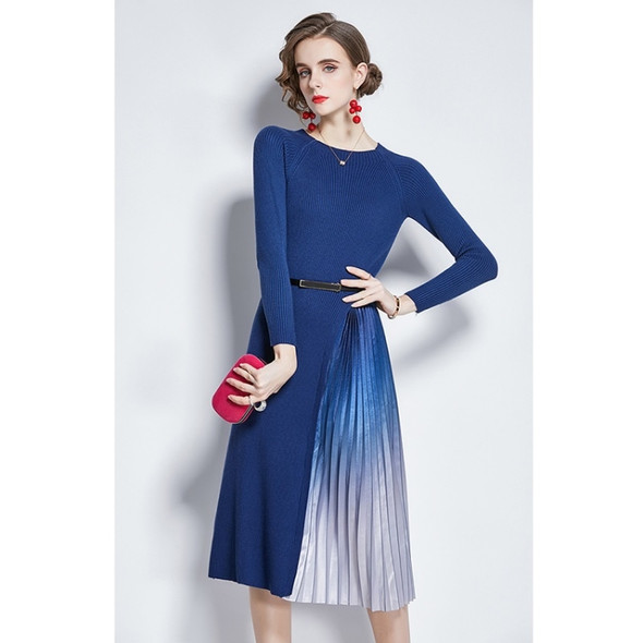 Mid-length Gradient Pleated Stitching Long-sleeved Knitted Dress (Color:Blue Size:XL)