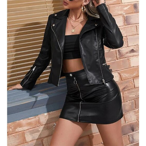 Loose Casual Short Zipper Long Sleeve PU Leather Jacket For Ladies (Color:Black Size:S)